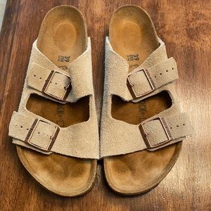 Taupe suede Birkenstocks worn twice.  Straps have been cut.